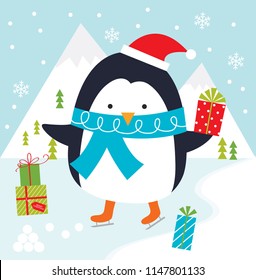 penguin playing ice skating christmas greeting card