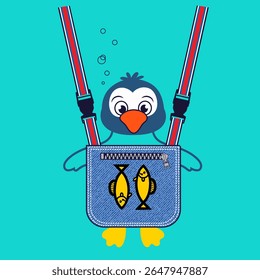 penguin playing inside a small bag, Animal Cartoon, isolated Flat Vector Illustration