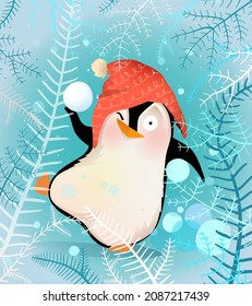 Penguin playing with show in Christmas, Winter greeting card. Christmas holidays penguin fun and joy. Winter characters illustration for kids. Children cartoon in watercolor style.