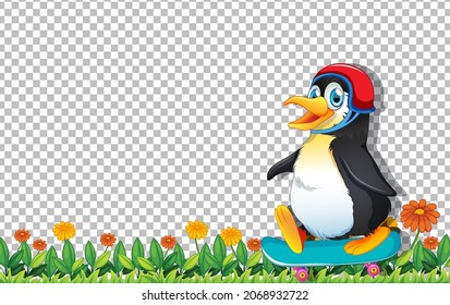 Pingüino jugando al skateboard en ilustración de fondo transparente