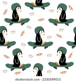 Pinguin beim Skateboardspielen nahtloses Muster
