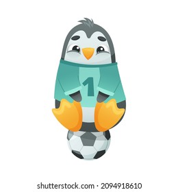 Penguin playing soccer. Cute football mascot in sports uniform with ball cartoon vector illustration