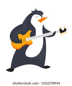 Penguin Plays Guitar. Cute Animal Playing Music Instrument, Standing With Closed Eyes. Zoo Concert. Kids Nursery Print In Black And Orange. Isolated Graphic Vector Illustration On White Background.