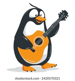 Penguin Plays Guitar - Infusing Musical Whimsy and Arctic Harmony. Flat Vector Illustration 