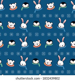 Penguin Polar Bear Bunny Rabbit Scarf Snowflake Christmas Seamless Pattern. Vector illustration. Perfect for Christmas, New Year, party, winter, fashion, decoration, gift wrapping, textile design