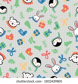 Penguin Polar Bear Bunny Rabbit Scarf Present Gift Bow Christmas Seamless Pattern. Vector illustration. Perfect for Christmas, New Year, party, winter, fashion, decoration, gift wrapping, textile