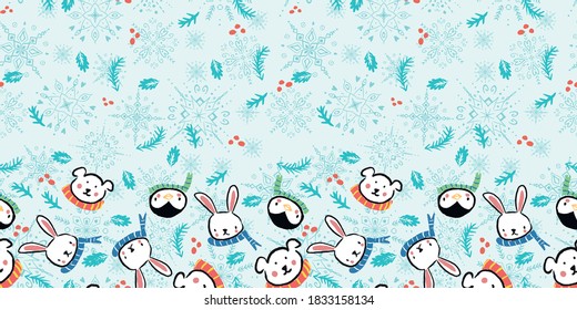 Penguin Polar Bear Bunny Rabbit Scarf Snowflake Christmas Frame Border Seamless Pattern. Vector illustration. Perfect for Christmas, New Year, party, winter, fashion, decoration, gift wrapping