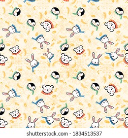 Penguin Polar Bear Bunny Rabbit Scarf Snowflake Christmas Seamless Pattern. Vector illustration. Perfect for Christmas, New Year, party, winter, fashion, decoration, gift wrapping, textile design