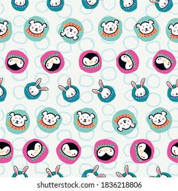 Penguin Polar Bear Bunny Rabbit Scarf Circle Christmas Seamless Pattern. Vector illustration. Perfect for Christmas, New Year, party, winter, fashion, decoration, gift wrapping, textile design