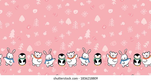 Penguin Polar Bear Bunny Rabbit Scarf Snowflake Christmas Tree Frame Border Seamless Pattern. Vector illustration. Perfect for Christmas, New Year, party, winter, fashion, decoration, gift wrapping