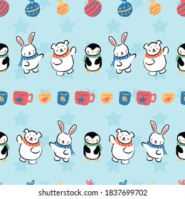 Penguin Polar Bear Bunny Rabbit Scarf Cup Ball Balls Christmas Seamless Pattern. Vector illustration. Perfect for Christmas, New Year, party, winter, fashion, decoration, gift wrapping, textile design