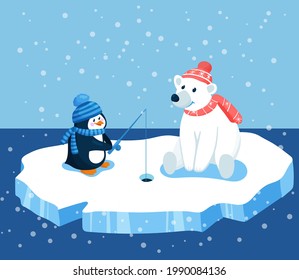 Penguin and polar bear catch fish on ice in the sea on fishing rod. Cute animals in hats and scarves. Children vector illustration about friendship and fishing in cartoon style.