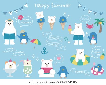 Penguin and polar bear cute summer vector illustration set