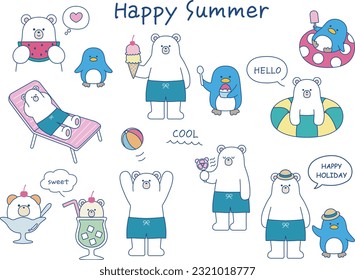 Penguin and polar bear cute summer vector illustration set