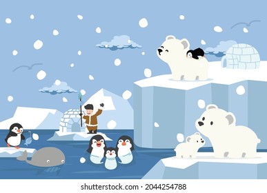 pingüino con oso polar polo norte fondo ártico