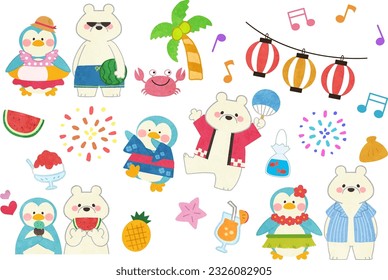 Penguin and polar bear summer icon material illustration set