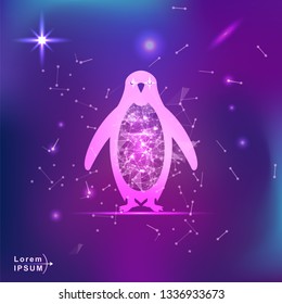 penguin. Polygonal wireframe penguin silhouette on gradient background. Space, futuristic, zodiac concept. Shine neon style vector illustration