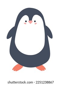 Penguin portrait, isolated flightless seabird with flippers for swimming under water. Cute personage with beak and smiling or blushing facial muzzle expression. Vector in flat style illustration