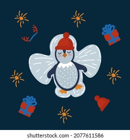 A Penguin postcard makes a snow angel. Festive Christmas illustration with a bird for the new year. An animal for a children's postcard. Vector illustration