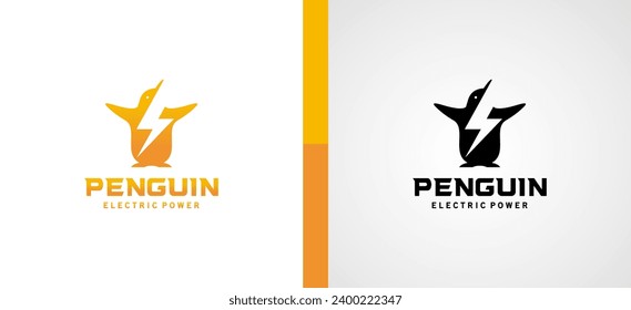 Penguin power logo design with electricity icon symbol