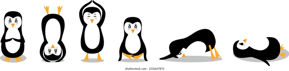 Penguin practices yoga in different asanas