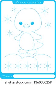  Penguin. Preschool worksheet for practicing fine motor skills - tracing dashed lines. Tracing Worksheet.  Illustration and vector outline - A4 paper r
