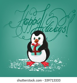 penguin with present Christmas card vector illustration