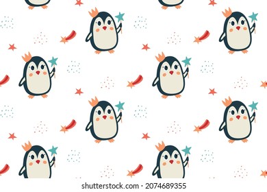 Penguin princess with magic wand, shooting star. Seamless magic children pattern