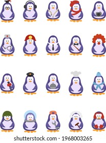 Penguin professions, icon illustration, vector on white background