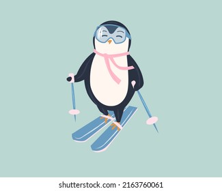 Penguin in protective glasses on skis. Sport and leisure in winter. Funny illustration isolated. 