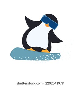 Penguin in protective spectacles makes jump on the snowboard. Vector illustration.