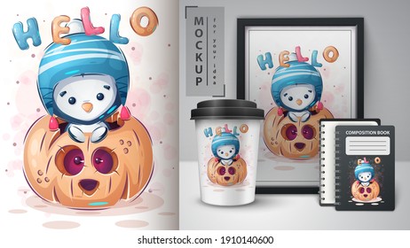 Penguin in pumpkin - poster and merchandising. Vector eps 10