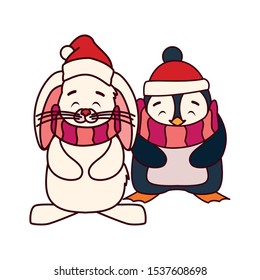 penguin and rabbit with hat and scarf in white background vector illustration design