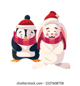 penguin and rabbit with hat and scarf in white background vector illustration design