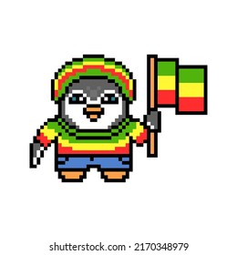 Penguin rastaman with a flag, cute pixel art animal character isolated on white background. Old school retro 80s, 90s 8 bit slot machine, video game graphics. Cartoon rastafari mascot. Reggae logo.