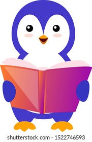 Penguin reading book, illustration, vector on white background.