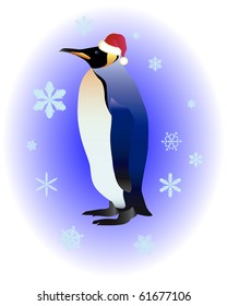Penguin in a red cap on a blue background with snowflakes