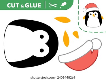 Penguin in red Christmas hat. Cut and glue. Christmas penguin. Squishmallow. Applique. Paper education game. Kawaii, cartoon. Isolated vector illustra