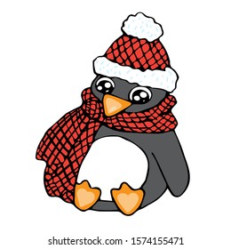 Penguin with red hat and checked scarf in doodle style isolated on white background vector stock illustration for design and decoration, for decal and interior decoration elements of winter decor