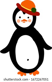 Penguin with red hat, illustration, vector on white background.