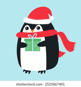 A penguin in a red hat and scarf, holding a Christmas present. Cute flat penguin design for greeting cards, greeting cards and children's illustrations in flat style