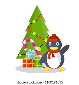 Penguin in a red hat and scarf waving. Cute animal celebrates Christmas and new year. Christmas tree decorated with lights and garlands. Many gifts in boxes and sweets - cartoon flat illustration