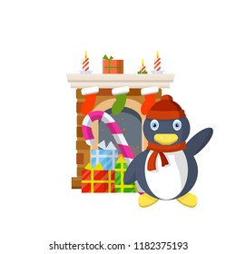 Penguin in a red hat and scarf waving. Cute animal celebrates Christmas and new year. The fireplace socks for gifts. Candles, Boxes of candy and lollipops. The interior of the winter room
