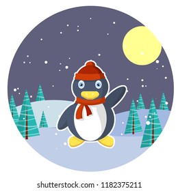 Penguin in a red hat and scarf waving. Cute animal in the forest celebrates Christmas and new year. Winter Snow and trees-natural night view
