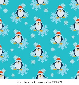 Penguin in a red hat and snowflakes. Seamless pattern. Design for textiles, tapestries, gift wrapping.