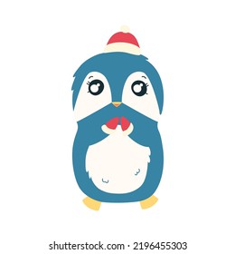 Penguin in red mittens and hat. Cute Christmas penguin character. Vector illustration isolated in white background