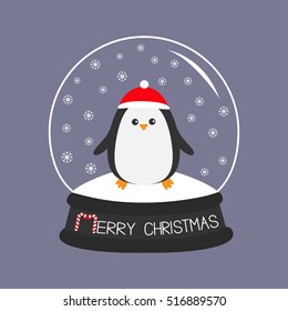 Penguin in red santa hat. Cute cartoon character. Arctic animal collection. Baby bird. rystal ball with snow. Merry Christmas card Candy cane text. Flat design Violet background. Vector illustration