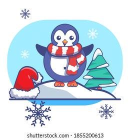 Penguin and red Santa hat on white isolated backdrop. Christmas postcard for invitation or gift card, notebook, bath tile, scrapbook. Phone case or cloth print. Flat style stock vector illustration