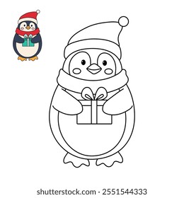 Penguin with red scarf and christmas gift coloring pages for kids. Trace and color Penguin christmas character. Cute winter penguin. Holiday seasons worksheet printable for kids. Christmas worksheet.