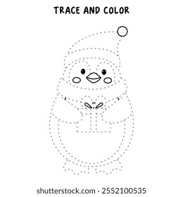 Penguin with red scarf and christmas gift coloring pages for kids. Trace and color Penguin christmas character. Cute winter penguin. Holiday seasons worksheet printable for kids. Christmas worksheet.